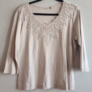 Chalet Womens 3/4 Sleeve Top Floral Embroidered Crochet Grandmacore Pink Size L